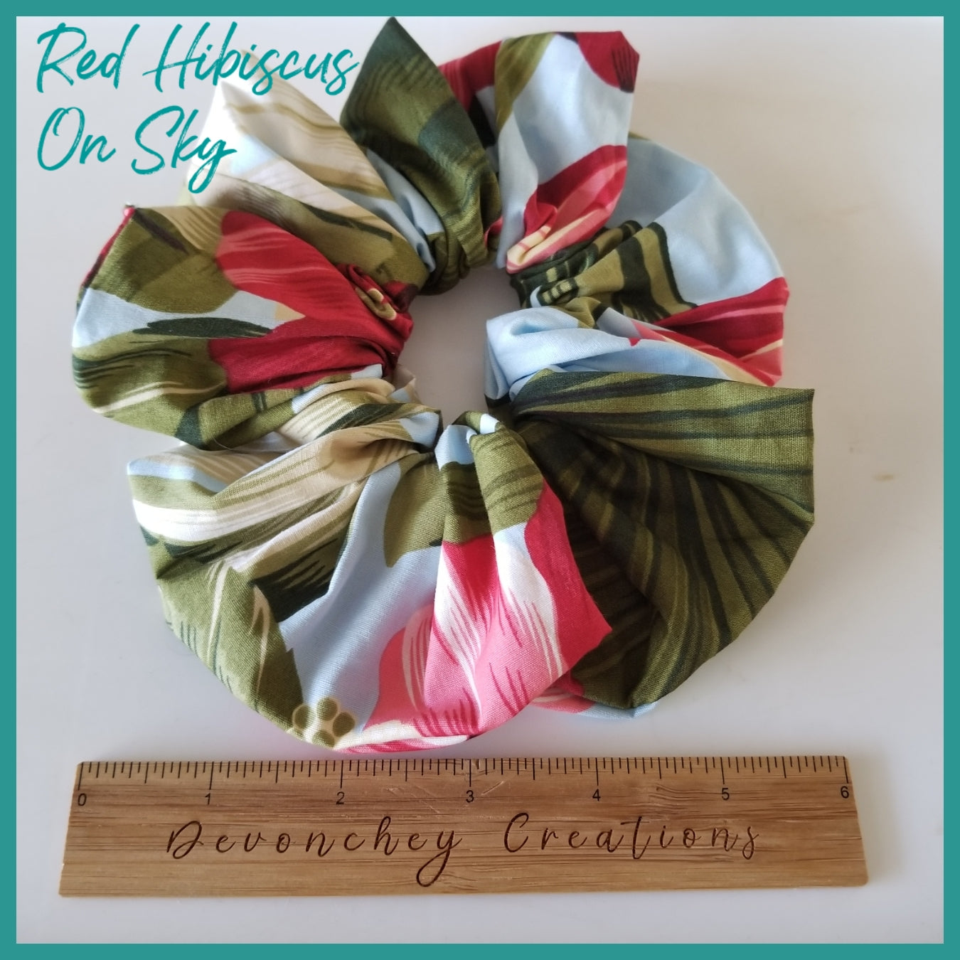 Giant Hawaiian Scrunchie, Red Hibiscus on Sky Blue XL Scrunchie
