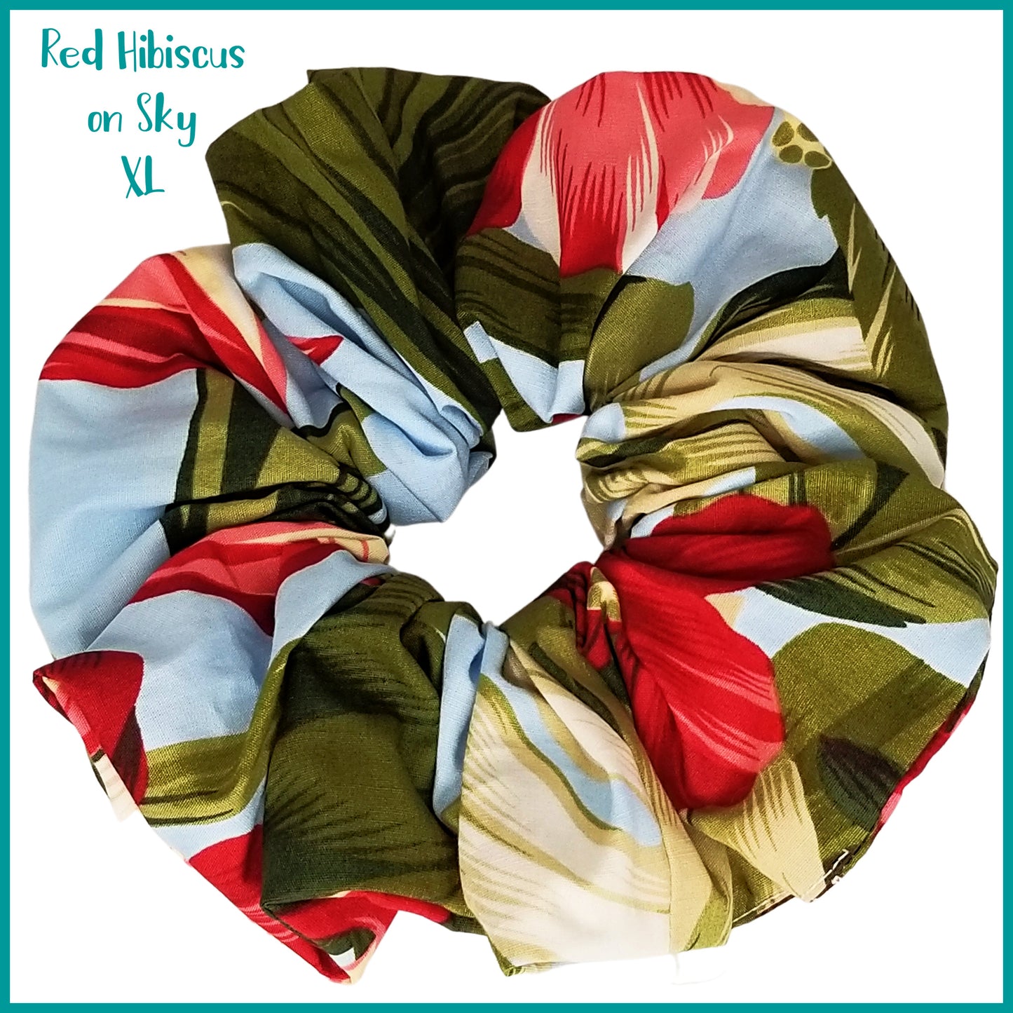 Giant Hawaiian Scrunchie, Red Hibiscus on Sky Blue XL Scrunchie