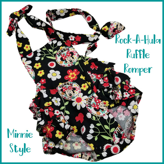 Hawaiian-Style Baby Romper With Butt Ruffles For Babies and Toddlers, Black Floral Minnie Fabric